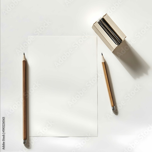 Photography of two pencil paper and a pencil sharpener on white paper a still life photography minimalism neutral colors highkey lighting luxurious vintage style On photo