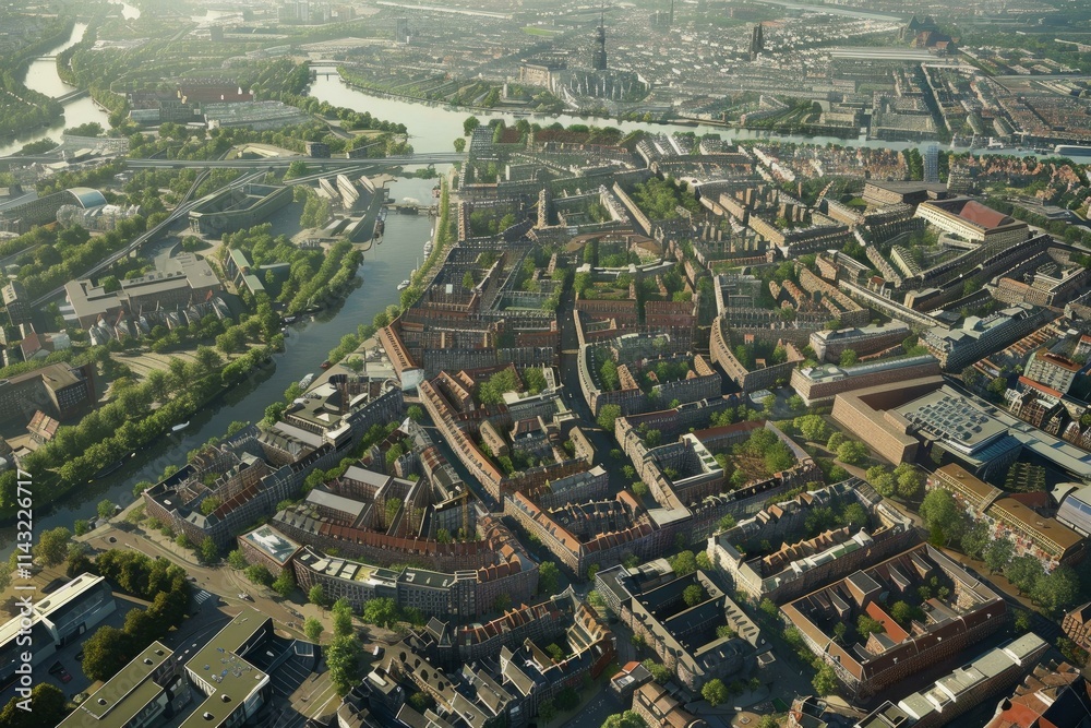 Fototapeta premium Aerial view of a modern cityscape with buildings, river and green areas bathing in warm sunlight on a summer day