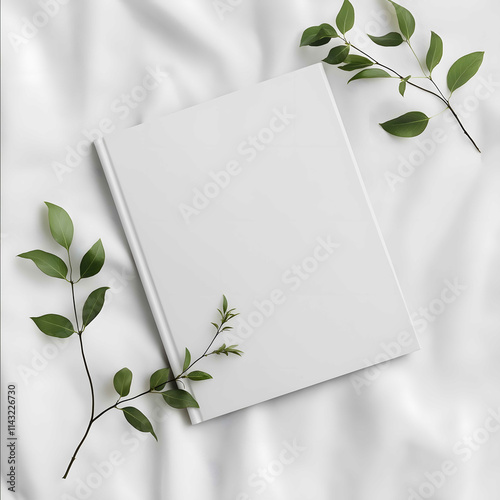 A magazine lying on white linen with green plants The background is pure white creating an overall minimalist style It features highdefinition photography with clea photo