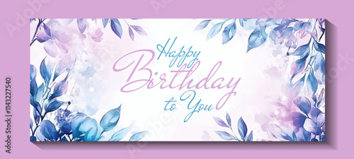 Floral Birthday card with herbal twigs and branches frame corners. Vector design. Rustic vintage bouquets with fern tree leaves, twigs, willow branches in teal blue and pink purple.