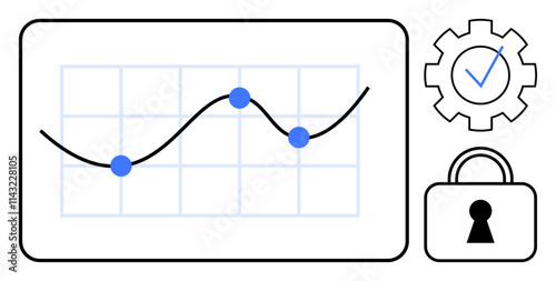 Data chart with line graph and dots, setting icon with checkmark, and lock icon. Ideal for data analysis, security, optimization, technology, business efficiency, decision making growth strategy