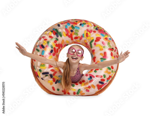 Happy girl in beachwear with inflatable ring on white background photo