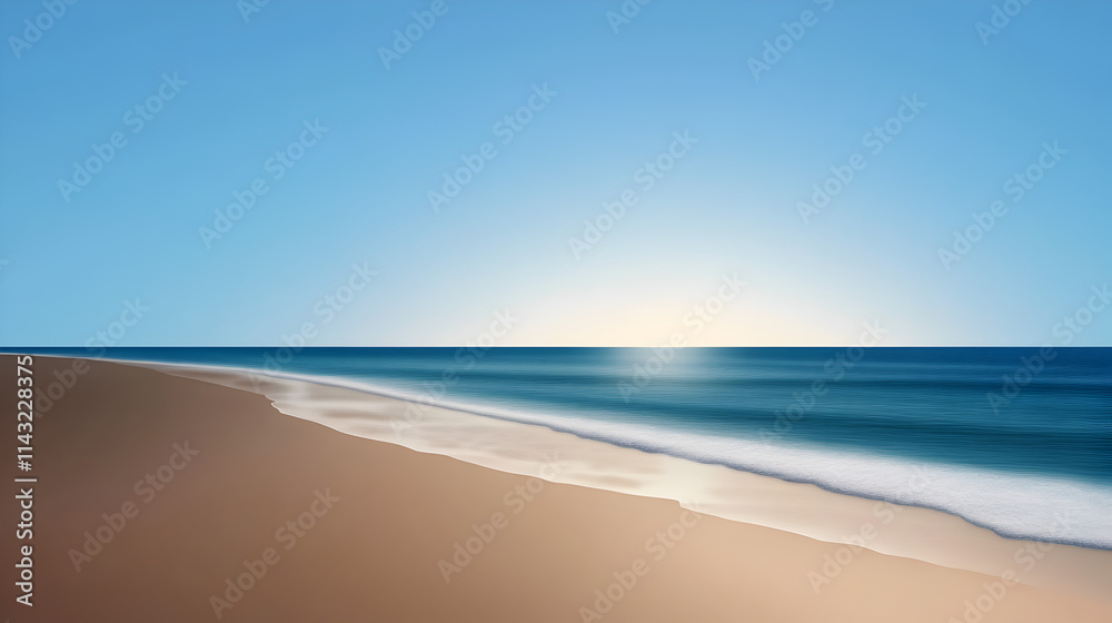 A flat design of a quiet beach at dawn, with soft light illuminating the sand. Dawn beach minimalist vector. A flat design of a quiet beach at dawn, with soft light illuminating the sand. Dawn beach minimalist vector.