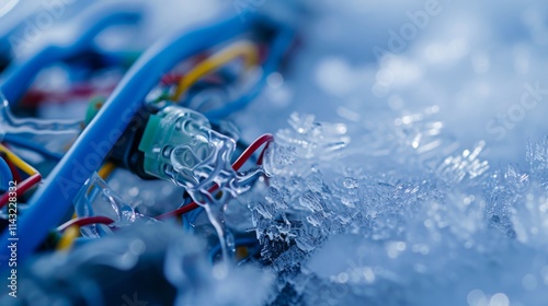 Close-up of tangled electronic cables and wires encased in frost and ice crystals, highlighting harsh winter conditions and technical resilience. AI generated.