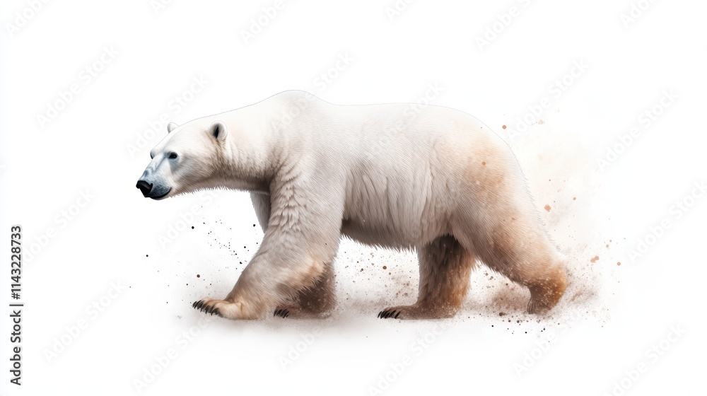 Fototapeta premium A polar bear traverses a snowy landscape, showcasing its powerful form against a minimalistic backdrop.