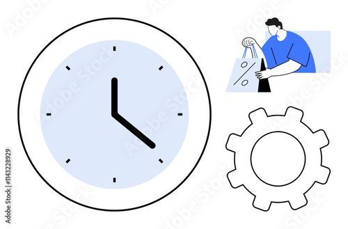 Large clock showing time, gear icon representing settings, man holding shopping bags. Ideal for productivity, planning, efficiency, business, task management automation retail. Line metaphor