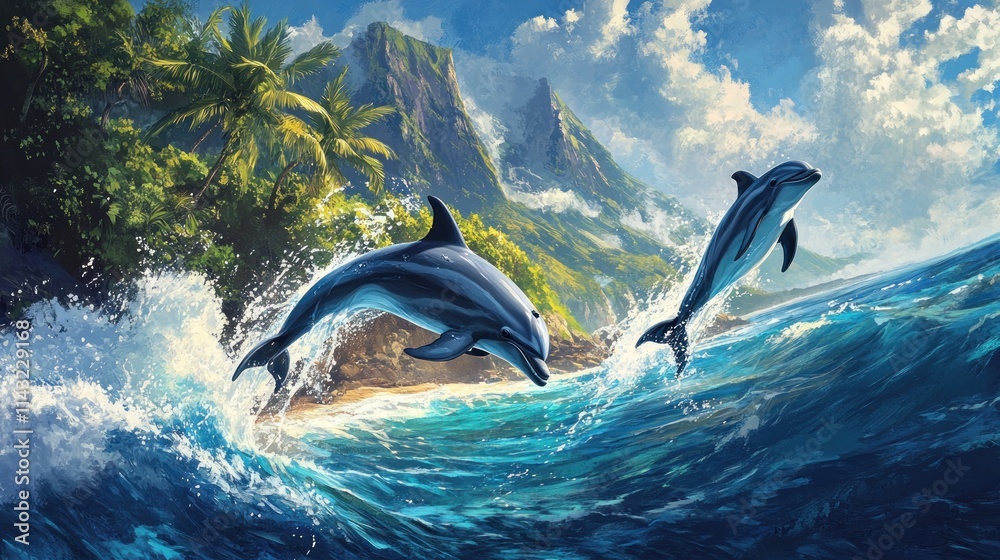 Fototapeta premium Two dolphins leap from vibrant waves near a tropical landscape under a bright sky.