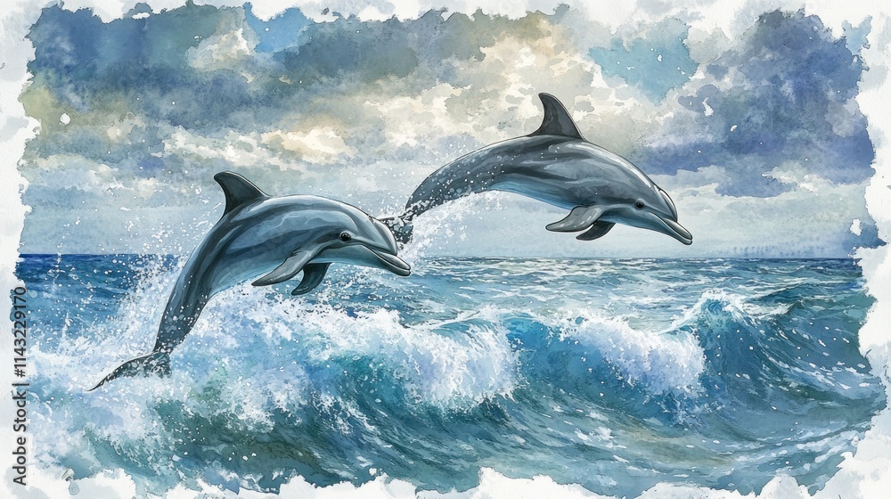 Fototapeta premium Two dolphins leaping over ocean waves under a cloudy sky, showcasing marine life beauty.
