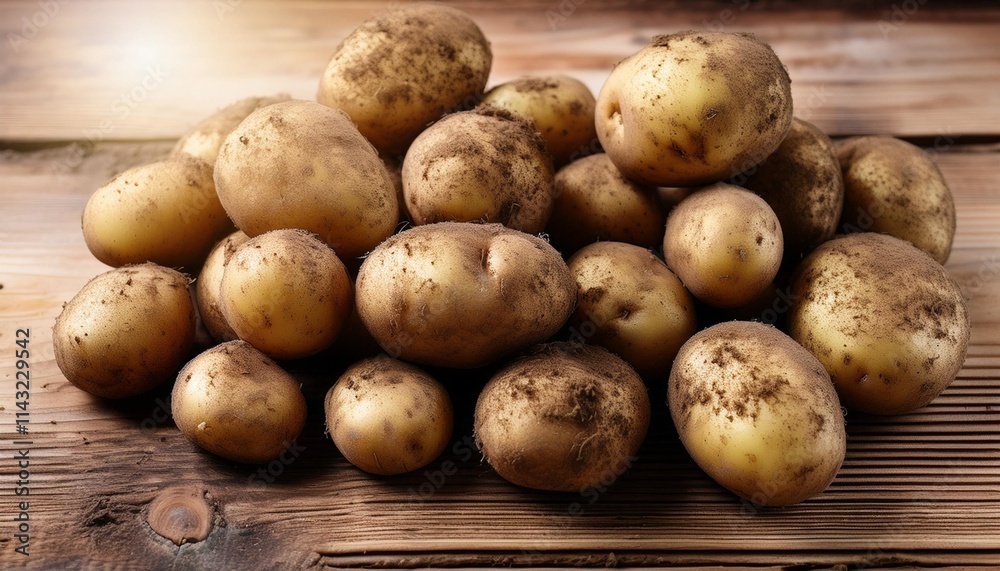 Freshly Dug Potatoes Covered in Soil Arranged on a Rustic Wooden Table Freshly Dug Potatoes Covered in Soil Arranged on a Rustic Wooden Table