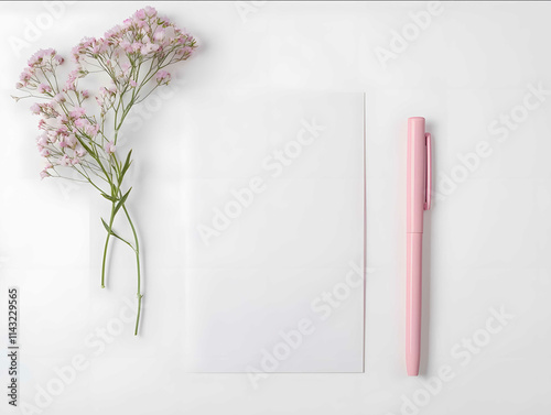 cute mockup for a vertical card white background minimal pink flowers cute pink pen flat mockup