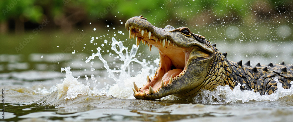 Fototapeta premium Crocodile with open jaws splashing in water