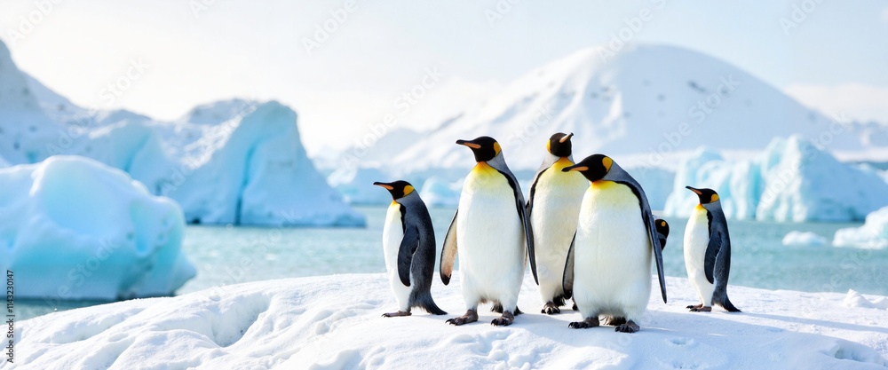 Fototapeta premium Emperor penguins standing on ice in Antarctic landscape