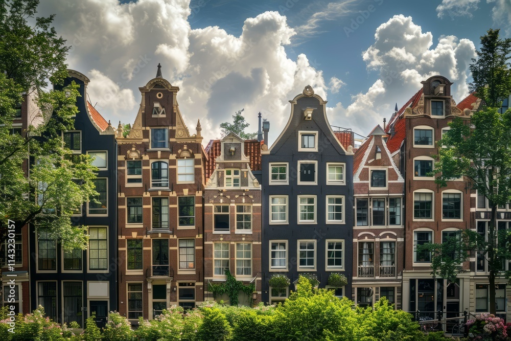 Fototapeta premium Traditional dutch houses lining a canal in amsterdam, with their narrow facades and characteristic gables