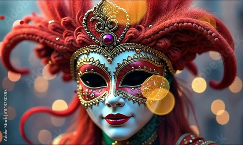 Venetian carnival mask with sparkling bokeh lights showcasing elegance and cultural artistry photo