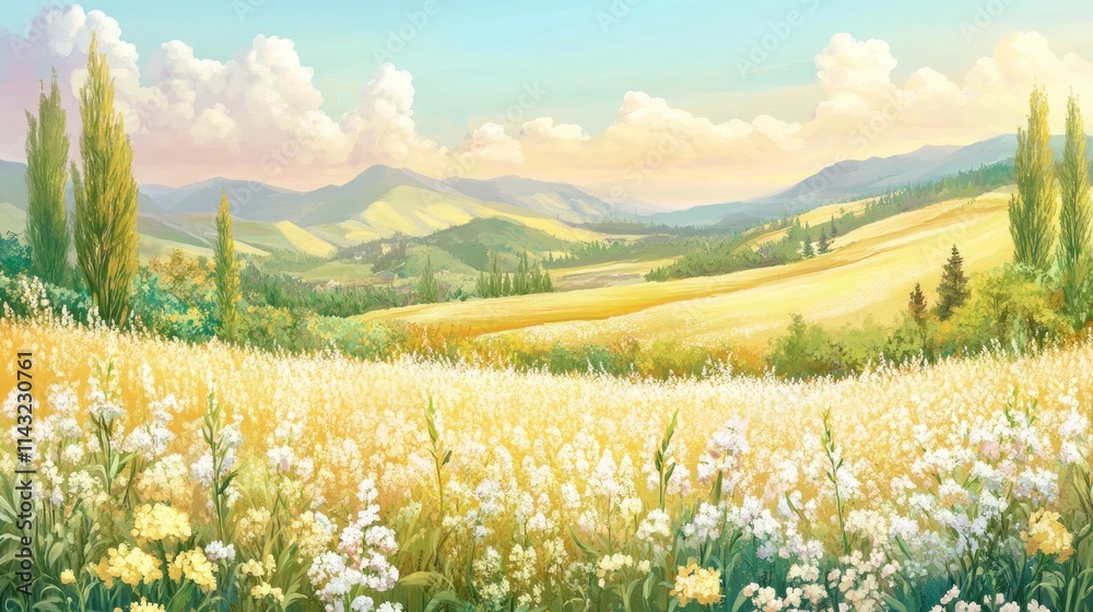Obraz premium Serene landscape of rolling hills, golden fields, and white wildflowers under a vibrant sky.