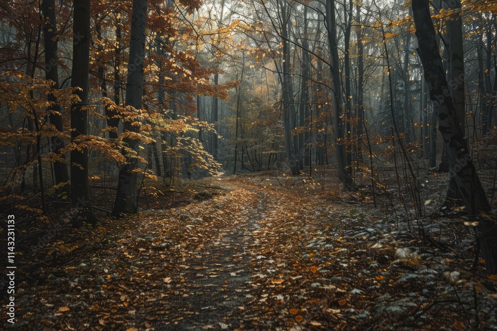 Pathway covered with fallen leaves is winding through a misty forest in autumn Pathway covered with fallen leaves is winding through a misty forest in autumn