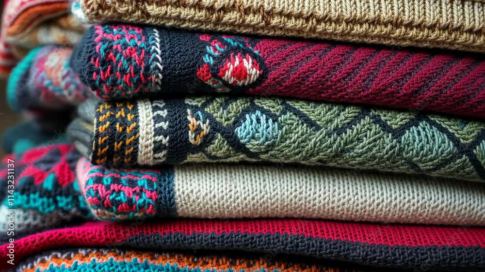 Handcrafted winter sweaters stacked neatly in a cozy setting showcasing intricate designs and vibrant colors Handcrafted winter sweaters stacked neatly in a cozy setting showcasing intricate designs and vibrant colors