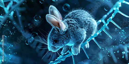 Conceptual image of a rabbit on futuristic DNA strands, Creative 3D visualization of genetics and biology  
