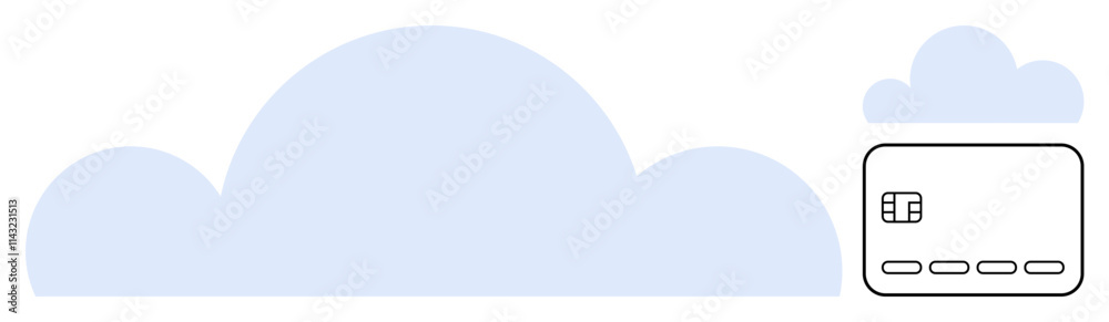 Depicts a simplified credit card adjacent to large and small cloud graphics. Ideal for digital payments, cloud computing, online transactions, fintech, banking, data security, and resource