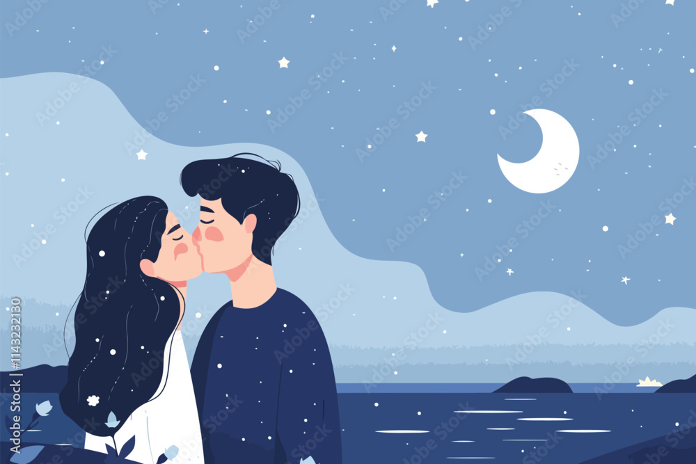 Couple Sharing a Kiss under star sky night isolated illustration Couple Sharing a Kiss under star sky night isolated illustration