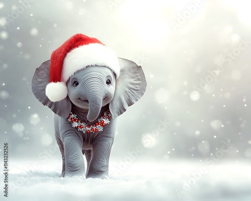 Adorable Baby Elephant Wearing Santa Hat In Snowy Scene photo