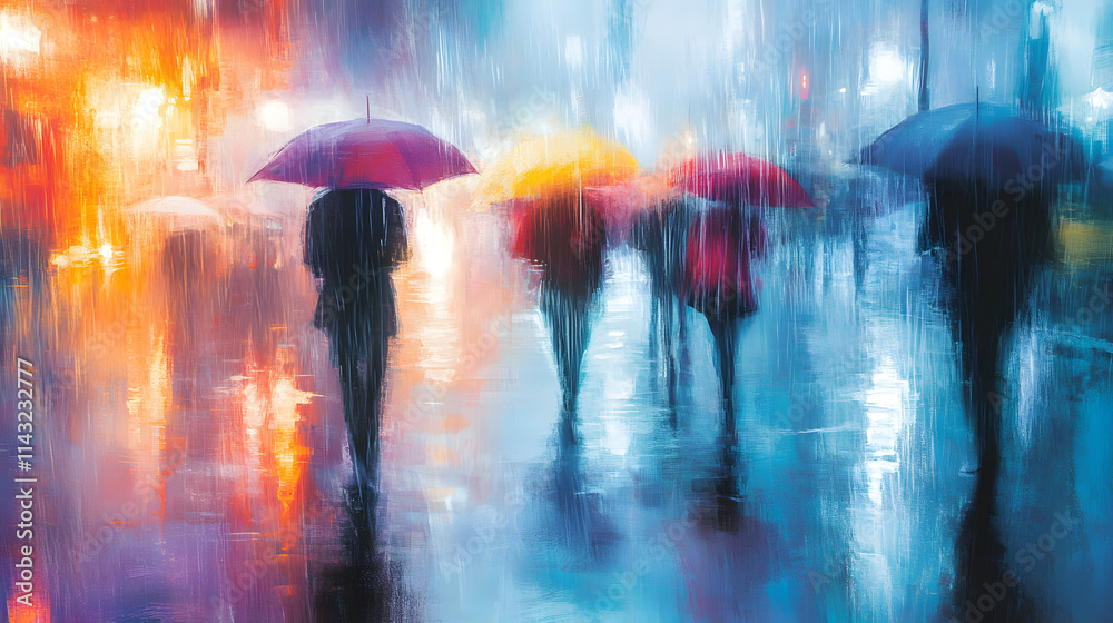 A rainy street scene with umbrellas blurred by moving people. A rainy street scene with umbrellas blurred by moving people.