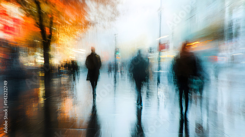 A rainy city street with blurred reflections of moving figures on wet pavement.
