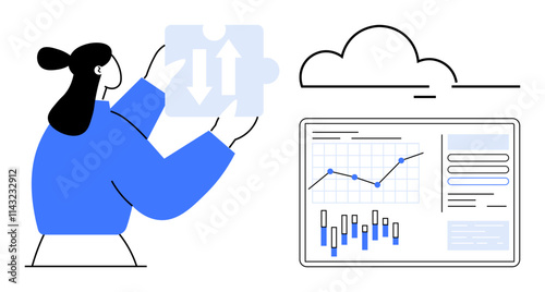 Businesswoman holding a puzzle piece with arrows contemplating a cloud and data on a screen. Ideal for business strategy, cloud integration, data analysis, problem-solving, planning, teamwork