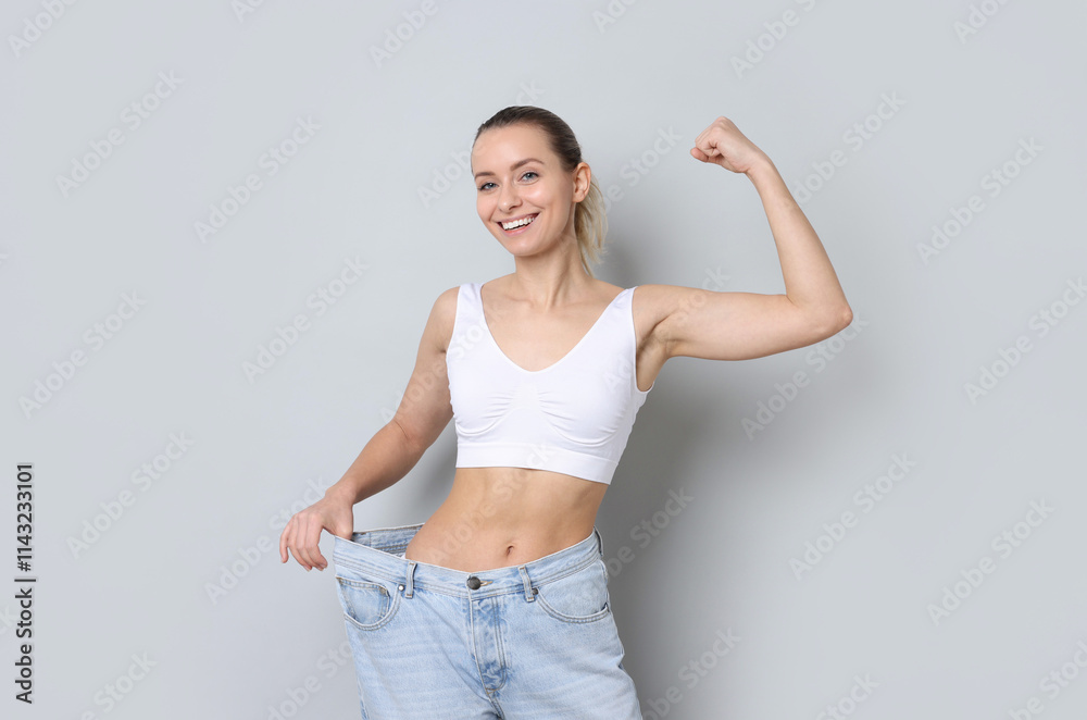 Weight loss. Happy woman wearing big jeans on light grey background Weight loss. Happy woman wearing big jeans on light grey background