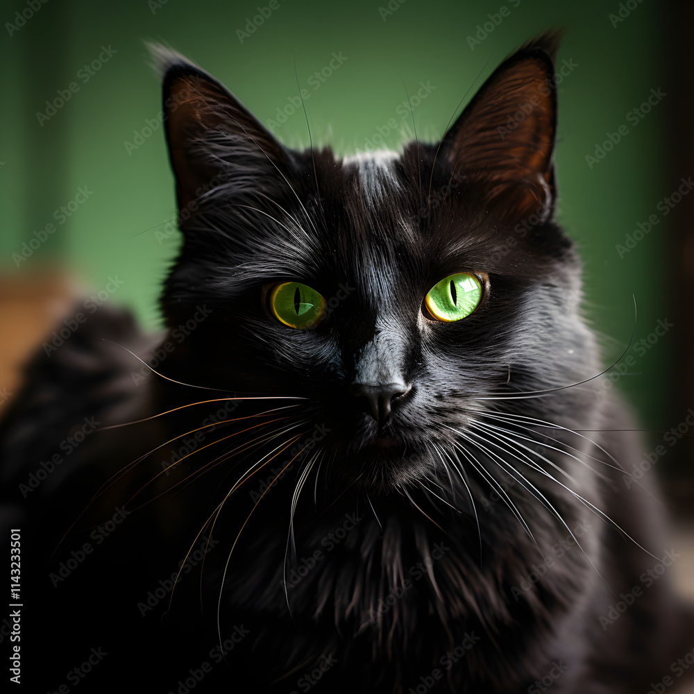 Portrait of a Glossy Black Cat with Bright Green Eyes Displaying a Regal Demeanor Portrait of a Glossy Black Cat with Bright Green Eyes Displaying a Regal Demeanor