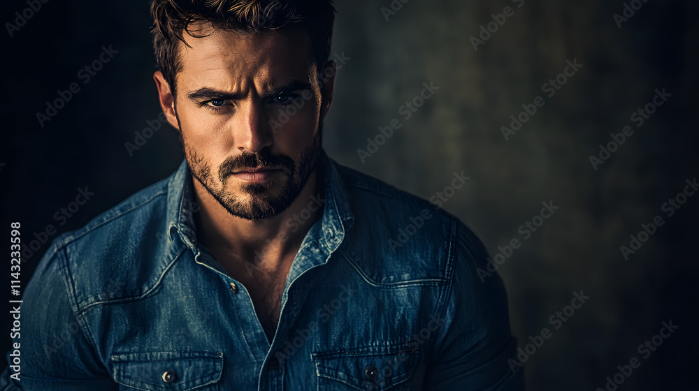 A rugged man in a denim shirt looking thoughtfully into the distance. A rugged man in a denim shirt looking thoughtfully into the distance.