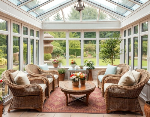 Cozy conservatory room with garden view. Wicker armchairs, coffee table create relaxing atmosphere. Plants, flowers add to natural look. English country house style decor in bright interior. Plenty
