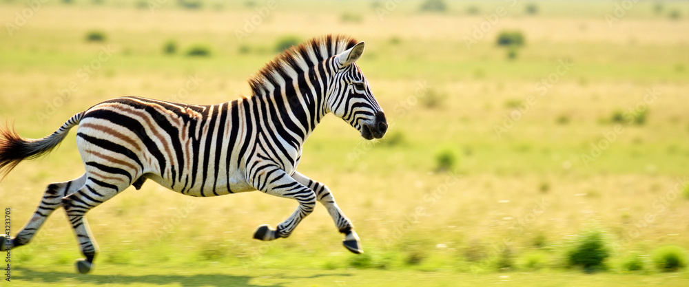 Obraz premium Zebra running across grassy savanna field