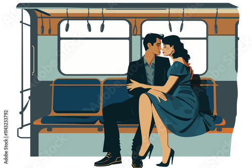 romantic couple on a train isolated illustration