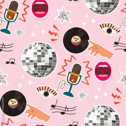 Funny seamless pattern with disco ball,glitter stars, microphone, vinyl record, hand, lips, eye.Retro elements in color on pink background.Print on fabric and paper.Vector flat style illustration.