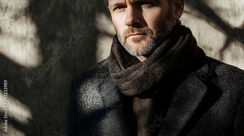 A rugged man with stubble wearing a fitted wool coat and scarf.