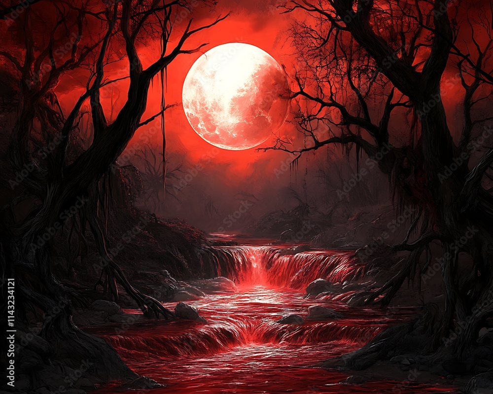 Crimson Moonlit River Flows Through Dark Forest Crimson Moonlit River Flows Through Dark Forest