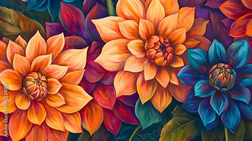 Vivid Dahlias in Autumnal Hues Displayed in Artistic Flair