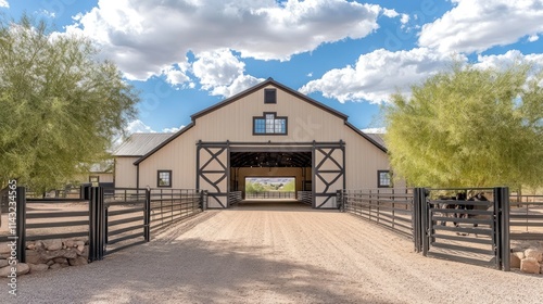 Modern barn with large doors, driveway, and gated entrance.