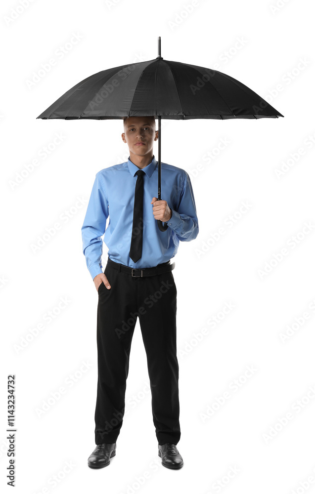 Man with black umbrella on white background Man with black umbrella on white background
