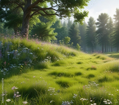 Tranquil forest edge with lush green grass and wildflowers, forest, landscape, meadow