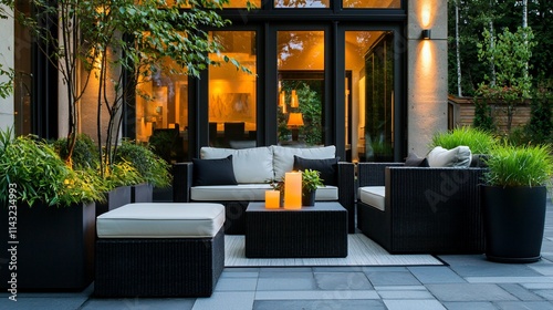 Modern patio furniture set with warm lighting at dusk.