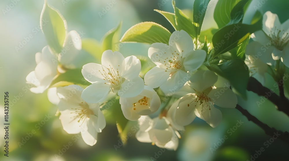 Obraz premium Delicate White Blossoms on a Branch in Sunlight