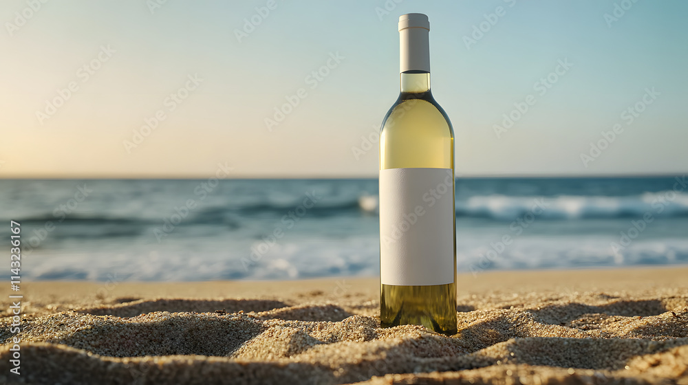 A sleek white wine bottle with a minimalist label resting on a sandy beach with ocean waves in the background. A sleek white wine bottle with a minimalist label resting on a sandy beach with ocean waves in the background.