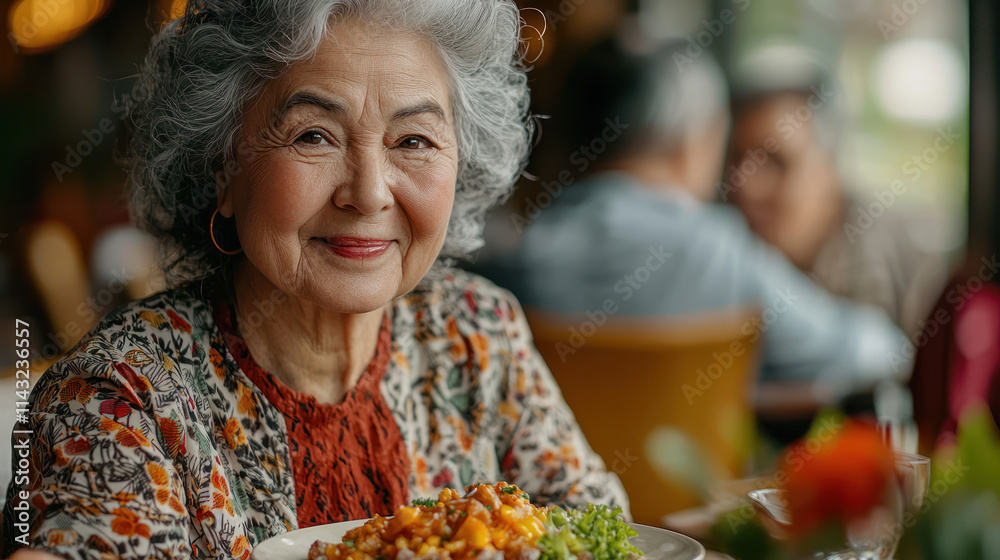 An Enjoy delightful meal with smiling elderly woman in cozy restaurant setting, surrounded by friends An Enjoy delightful meal with smiling elderly woman in cozy restaurant setting, surrounded by friends