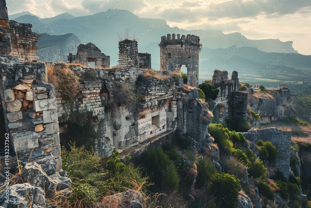 Fototapeta premium Ruins of a medieval stone fortress are lit by the setting sun high on a mountain