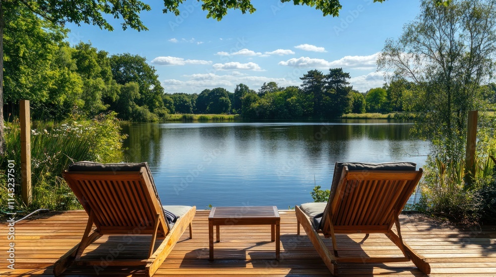 Fototapeta premium Serene lakeside view from wooden deck chairs.