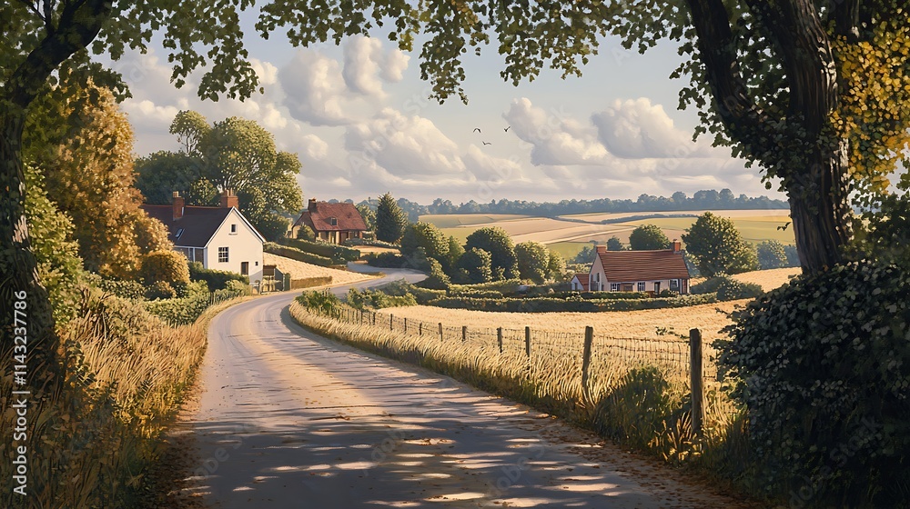 Fototapeta premium Country Road Winding Through Rural Houses and Fields