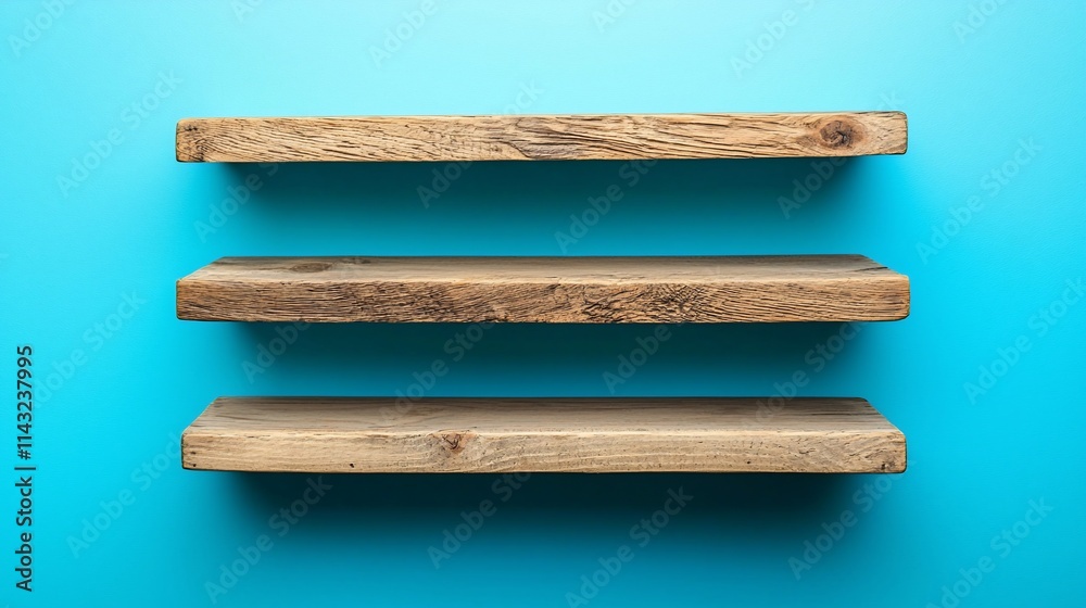 Obraz premium Three rustic wooden shelves on a blue wall.