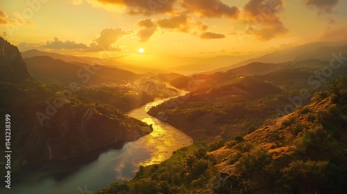 A golden hour view of a winding river carving through a lush valley under a vivid sunset, f/22 wide-angle. photo